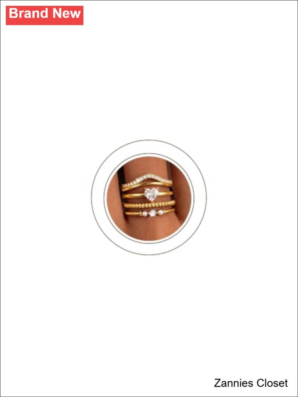💍 4PCS Stackable CZ Rings Set 14k Gold Plated Brass Heart Pearl Spiral Band